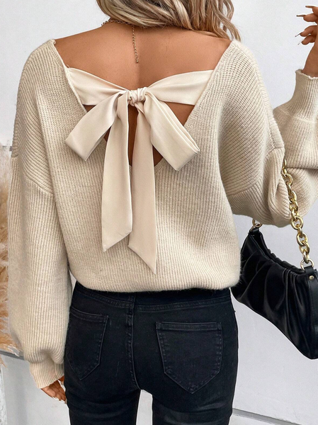 

Casual V Neck Bow Tie Back Drop Shoulder Sweater, Apricot, Sweaters & Cardigans