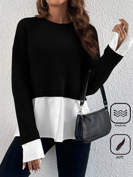 

Casual Crew Neck Color Block Loose Shirt, Black, Blouses & Shirts