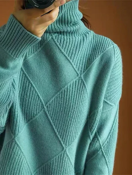 

Women Cable Knit Turtleneck Sweater Winter Pullover, Cyan, Sweaters