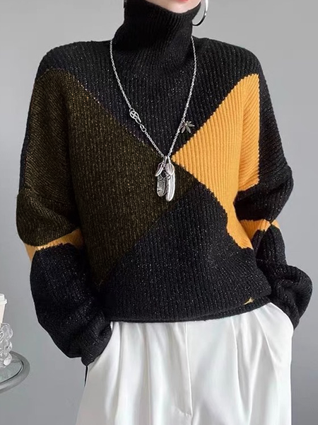 

High Elasticity Loose Long Sleeve Geometric Turtleneck Casual Sweater, As picture, Pullovers