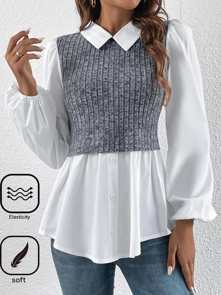 

Shirt Collar Long Sleeve Color Block Regular Micro-Elasticity Loose Shirt For Women, Gray, Blouses