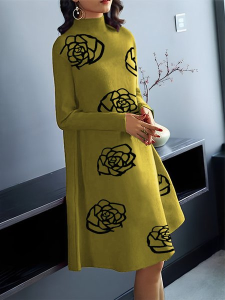 

Long Sleeve Loose Elegant Half Turtleneck Dress, Yellow, Midi Dresses