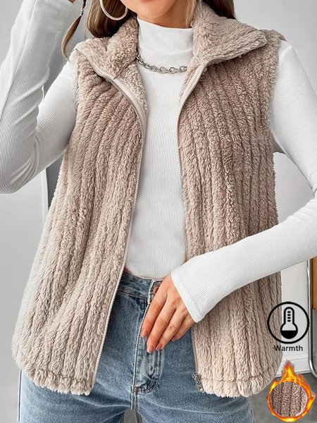 

Women's Plain Fleece Loose Vest, Khaki, Outerwear
