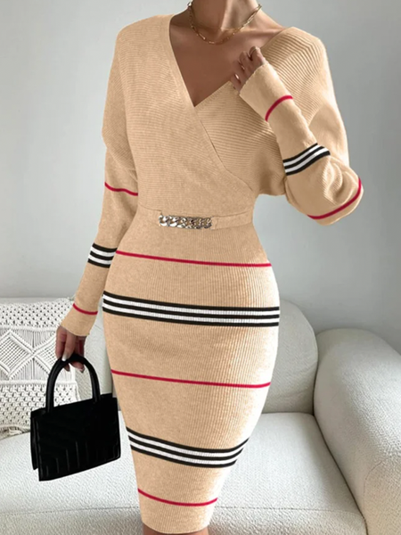 

High Elasticity Elegant V Neck Long Sleeve Tight Striped Sweater Midi Dress, As picture, Midi Dresses