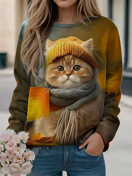 

Crew Neck Cat Casual Sweatshirt, Yellow, Hoodies&Sweatshirts
