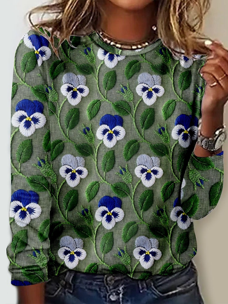 

3D Flower Printing Casual Crew Neck Long Sleeve Shirt, Green, Long sleeves