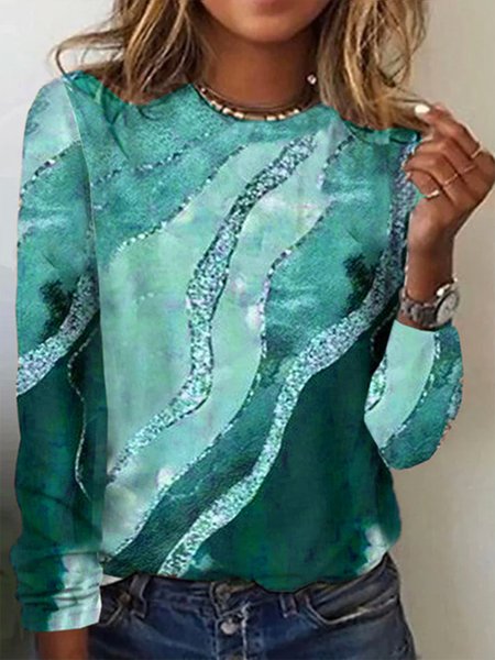 

Crew Neck Knitted Casual Geometric Brown Print Round Neck T-Shirt, Green, Long sleeves