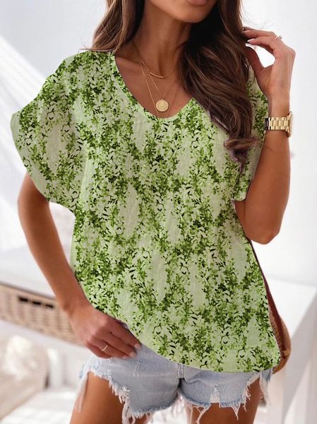 

Cotton-Blend Casual V Neck Shirt, Green, Shirts & Blouses