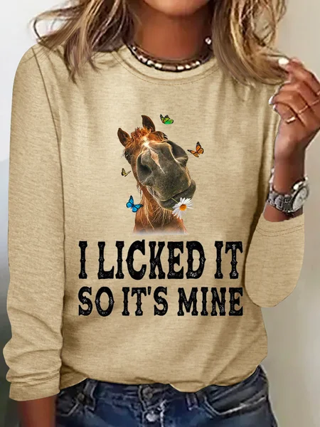 

Funny Horse And Butterflies I Licked It So It’S Mine Cotton-Blend Casual Long Sleeve Shirt, Khaki, Long sleeves