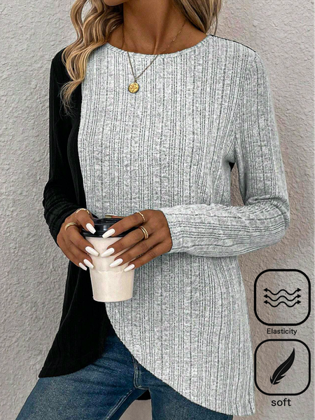 

Women Color Block Crew Neck Casual Long Sleeve T-shirt, Gray, Long Sleeves