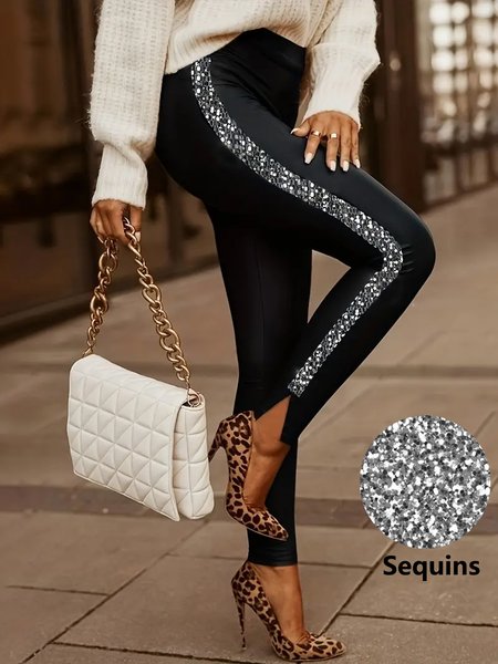 

Women's Casual/Holiday Plain Glitter Tight Long Leggings, Black, Leggings