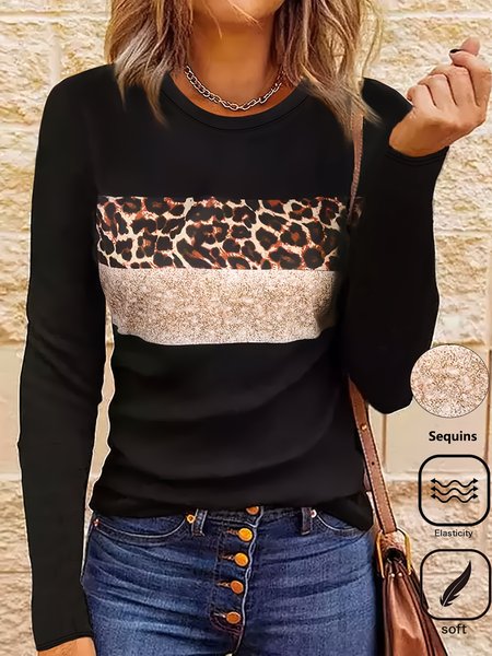 

Casual Color Block Crew Neck Long Sleeve T-shirt, Black, T-shirts