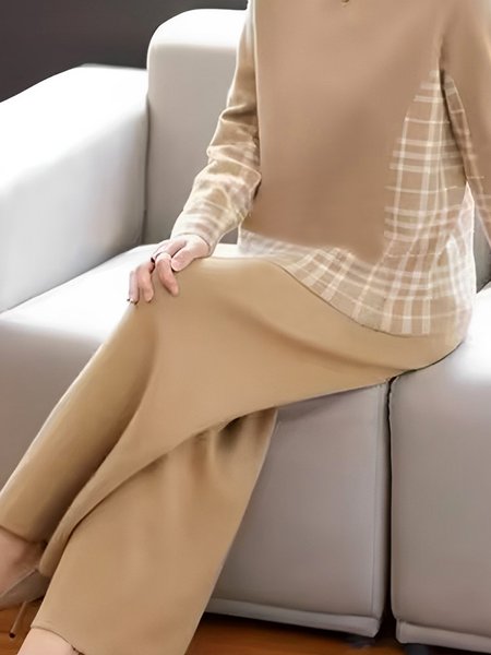 

Casual Loose Plain Pants, Khaki, Knit Pants