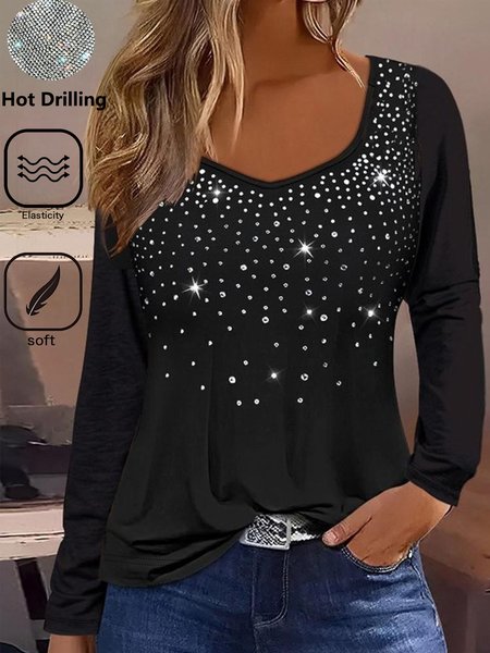 

Casual Plain Sweetheart Neckline Long Sleeve T-shirt, Black, T-shirts
