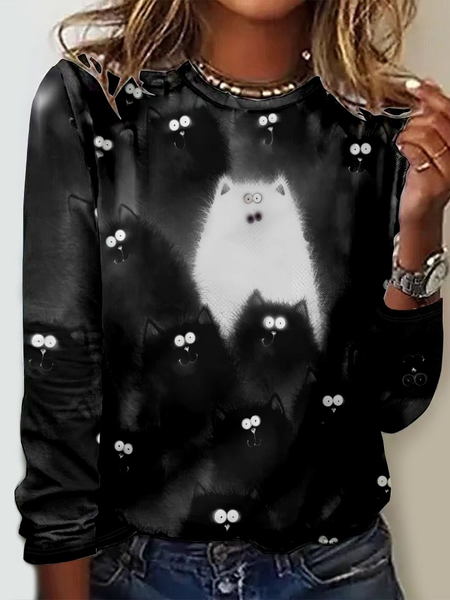 

Casual Funny Cat Crew Neck Long Sleeve Shirt, Black, Long sleeves