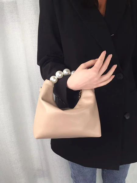 

Elegant Imitation Pearl Handbag Thin Chain Strap Crossbody Bag, Khaki, Bags