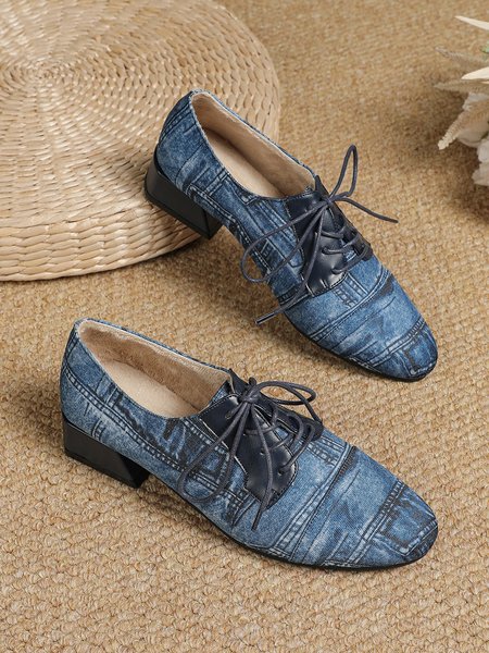 

Vintage Denim Paneled Warm Lined Lace Up Shoes, Blue, Flats