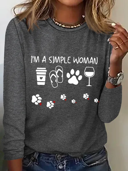 

Women's I'm A Simple Dog Lover Print Simple Crew Neck Dog Long Sleeve Shirt, Gray, Long sleeves