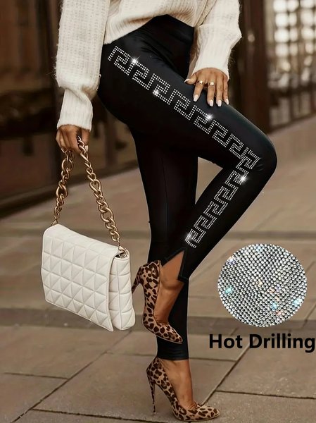 

Casual Plain Hot Drilling Long Leggings, Black, Leggings
