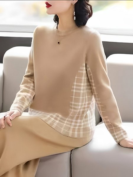 

Plaid Casual Loose Crew Neck Sweater, Khaki, Pullovers