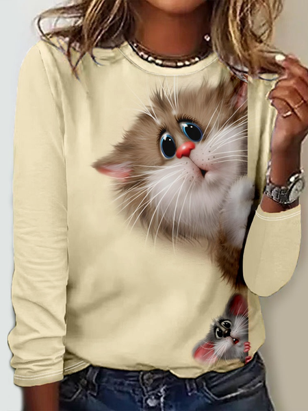 

Women's Crew Neck Casual Funny Cat Long Sleeve Shirt, Khaki, Long sleeves