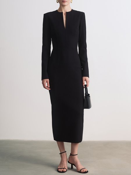 

Plain V Neck Regular Fit Elegant Dress, Black, Midi Dresses