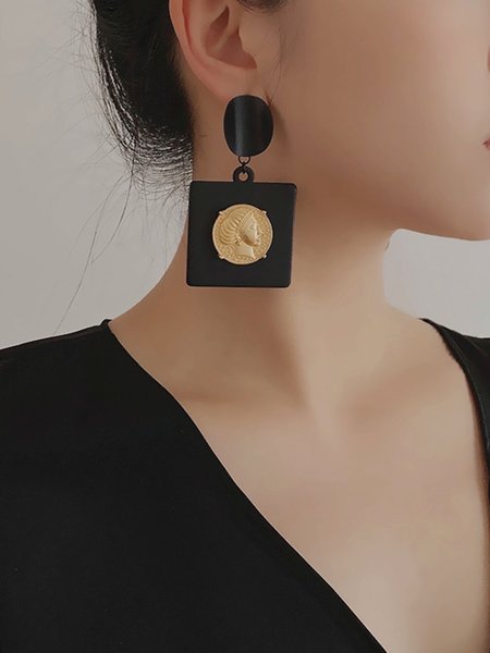 Metal Portrait Geometric Retro Pendant Earrings, As picture, Earrings