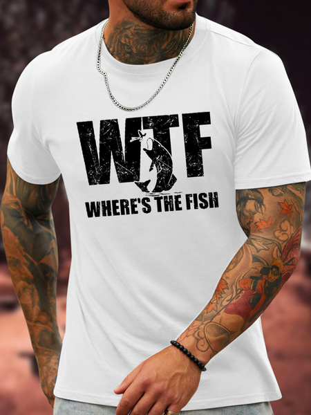 

Cotton WTF Where's The Fish Men's Funny Fishing Casual Crew Neck T-Shirt, White, T-shirts