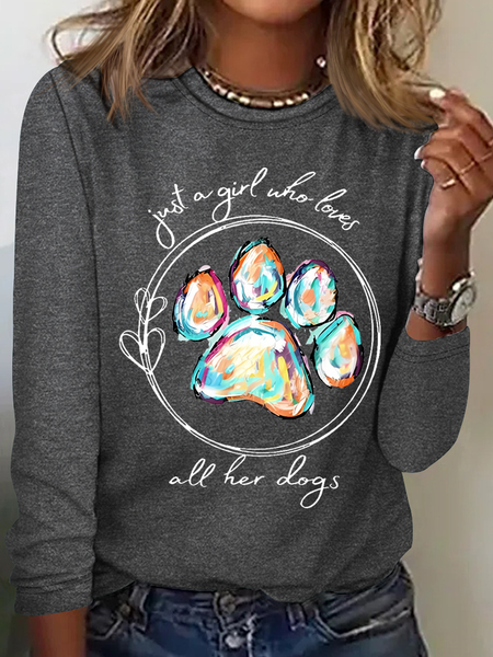 

Women's Just A Girl Who Loves All Her Dogs Casual Cotton-Blend Long Sleeve Shirt, Gray, Long sleeves