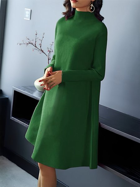 Plus Size Half Turtleneck Plain Elegant Loose Sweater Dress, Green, Plus Dresses