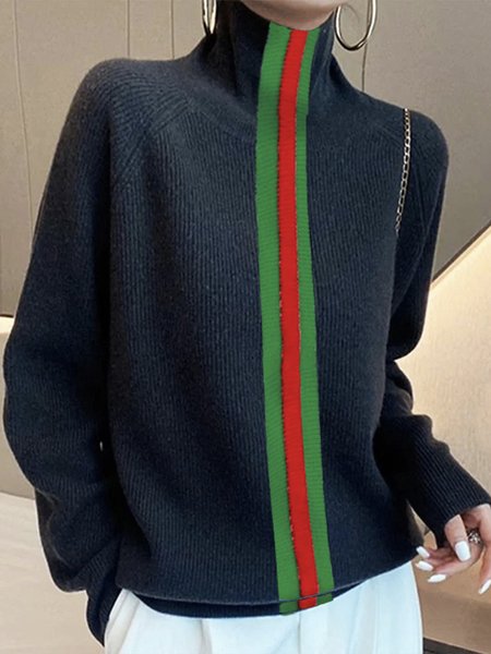 

Plus Size Long Sleeve Urban Color Block Loose Acrylic Sweater, Black, Plus Tops