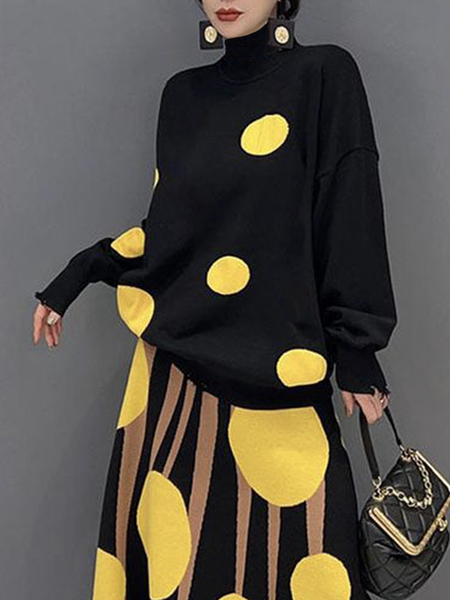 

Long Sleeve Polka Dots Regular Fit Urban Sweater, Yellow, Plus Tops