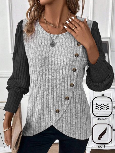 

Crew Neck Casual Buckle Shirt, Gray, Long Sleeves
