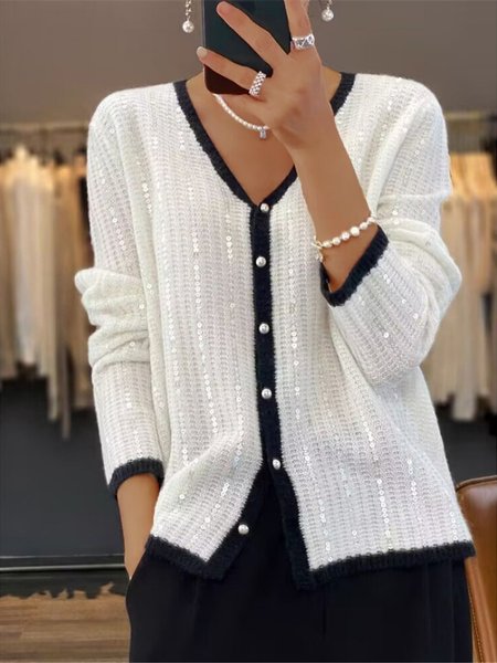 

Women's Cardigan Sweater V Neck Ribbed Knit Polyester Sequins Patchwork Fall Winter Regular Party Going out Elegant Stylish Soft Long Sleeve, Black-white, Sweaters & Cardigans