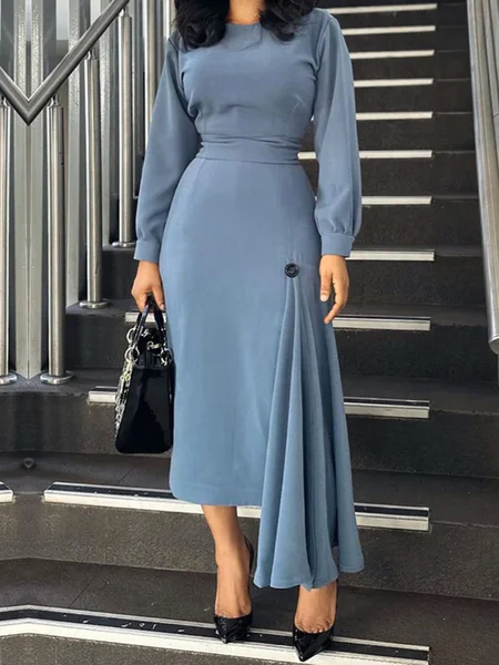 

Elegant Crew Neck Regular Fit Plain Long Sleeve Dress, Grey-blue, Midi Dresses