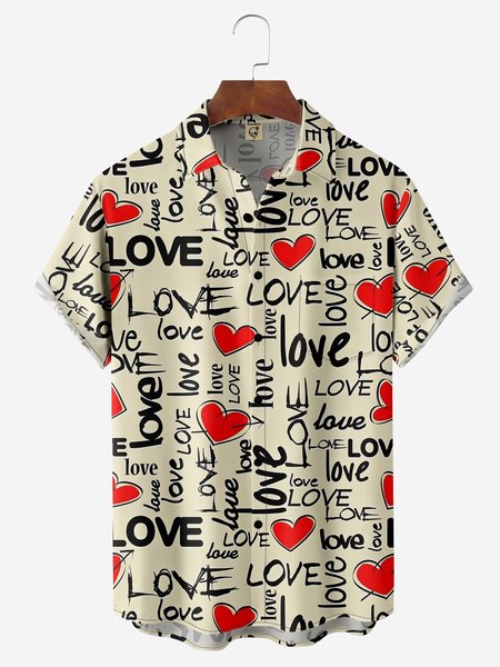 Valentine Love Heart Chest Pocket Short Sleeve Hawaiian Shirt