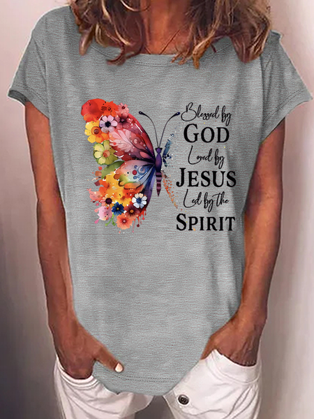

Blessed By God Loved By Jesus Led By The Spirit Casual Butterfly Casual T-Shirt, Gray, T-shirts