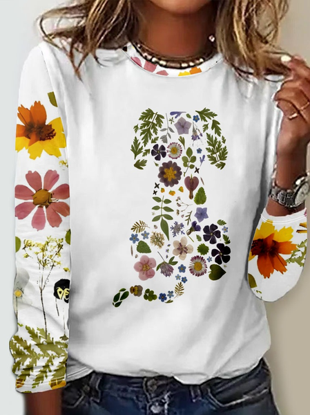 Casual Crew Neck Dog Long Sleeve Shirt, White, Long sleeves