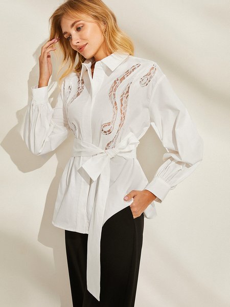 

Shirt Collar Urban Plain Lace Edge Blouse, White, Blouses and Shirts