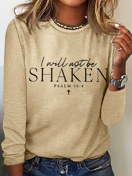

I Will Not Be Shaken Psalm 16:8 Print Crew Neck Long Sleeve Casual Shirt, Khaki, Long sleeves