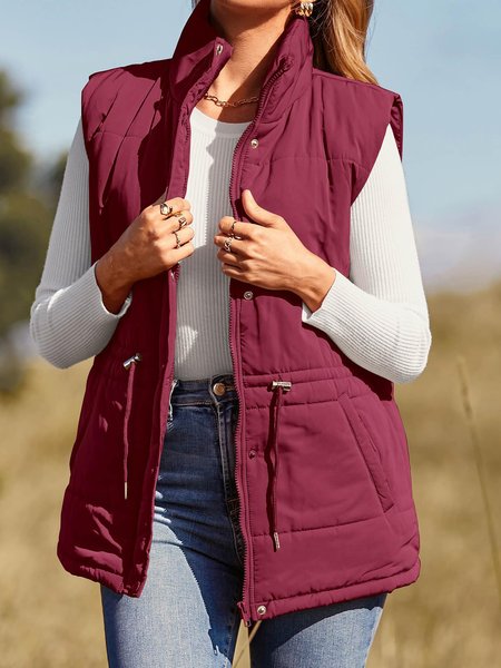 

Casual Stand Collar Loose Vest, Wine red, Vests & Gilets
