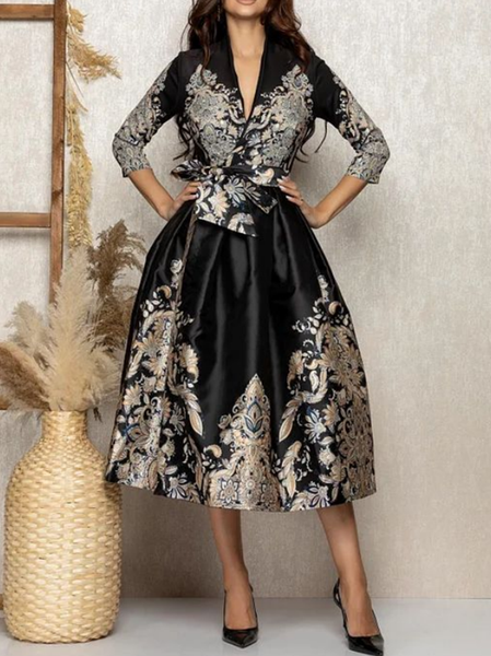 

High-end Custom Printed Waist Dress, Black, Midi Dresses