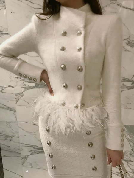 

Regular Fit Stand Collar Plain Elegant Jacket, White, Jackets
