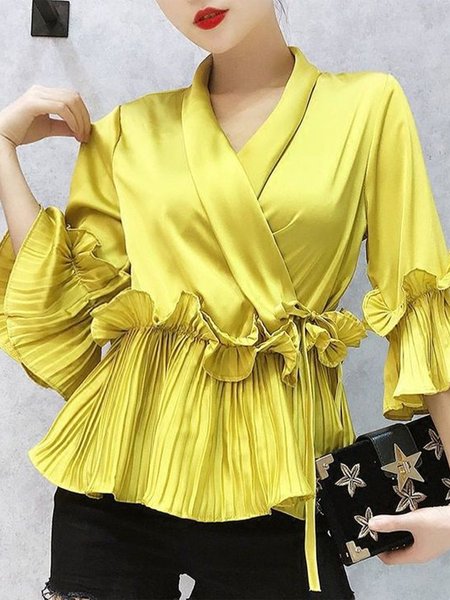 

Elegant Plain Regular Fit Cross Neck Shirt, Yellow, Blouses and Shirts