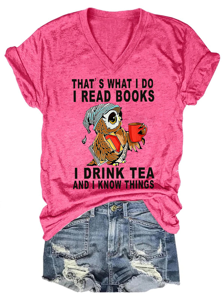 

Women Owl That’s What I Do I Read Books I Drink Tea And I Know Things Vintage Cotton-Blend V Neck Animal T-Shirt, Pink, T-shirts