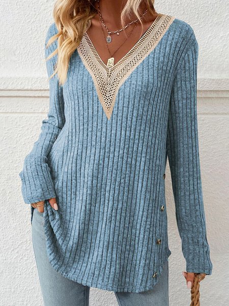 

Lace V Neck Plain Casual Shirt, Blue, Long Sleeves
