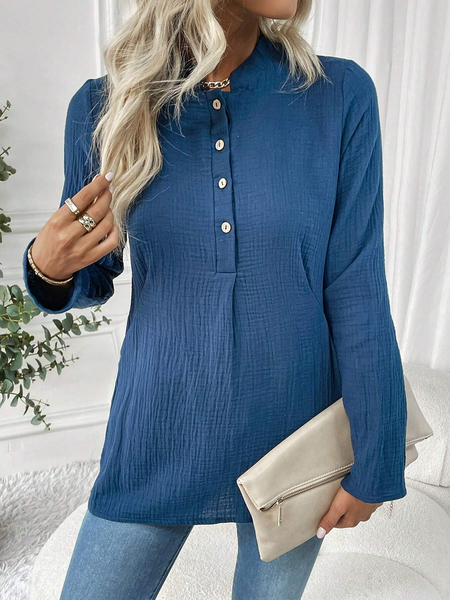 

Half Open Collar Simple Loose Shirt, Blue, Shirts & Blouses