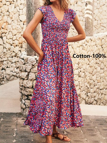 

Women Geometric V Neck Cap Sleeve Comfy Boho Maxi Dress, Multicolor, Dresses