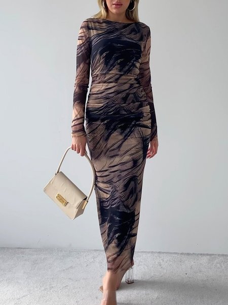 

Urban Abstract Crew Neck Floral Long Sleeve Maxi Dress, As picture, Maxi Dresses