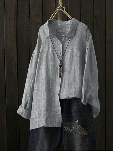 

Women's Shirt Blouse Linen Plain Gray Casual Basic Button Long Sleeve Linen and Cotton, Blouses & Shirts